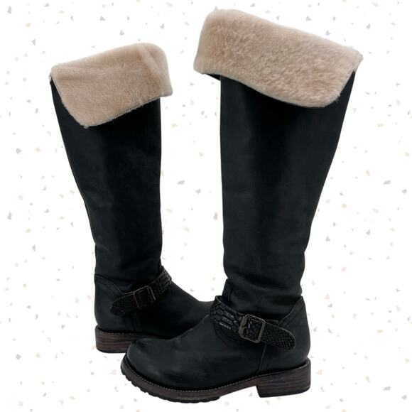 Freebird By Steven Denmark Boots Tall Black Leather Sheep Fur Lined Cozy Size 7 - Picture 1 of 16